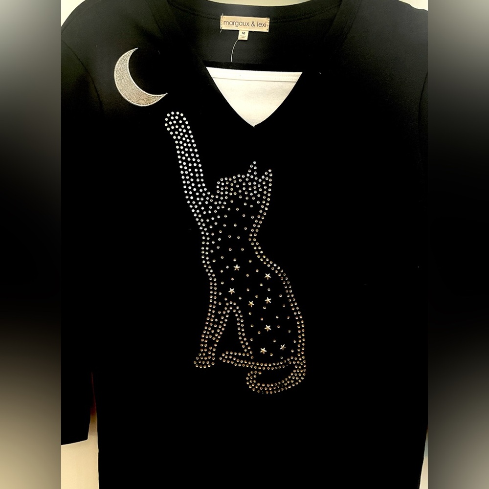Margaux & Lexi Black Cat and Moon Rhinestone Embellished Top